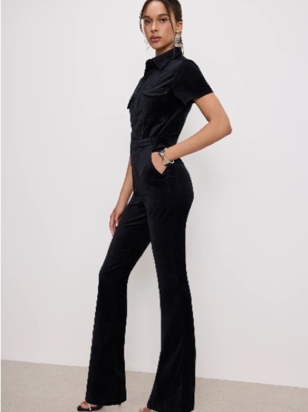 Good American Black Velvet Jumpsuit with Flared Legs Long Inseam 0/2L XS Long - Picture 2 of 8